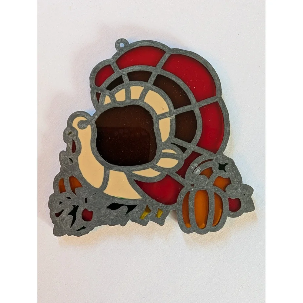 Vintage Turkey Pumpkin Faux Stained Glass Suncatcher Fall Decor Red Brown Cream